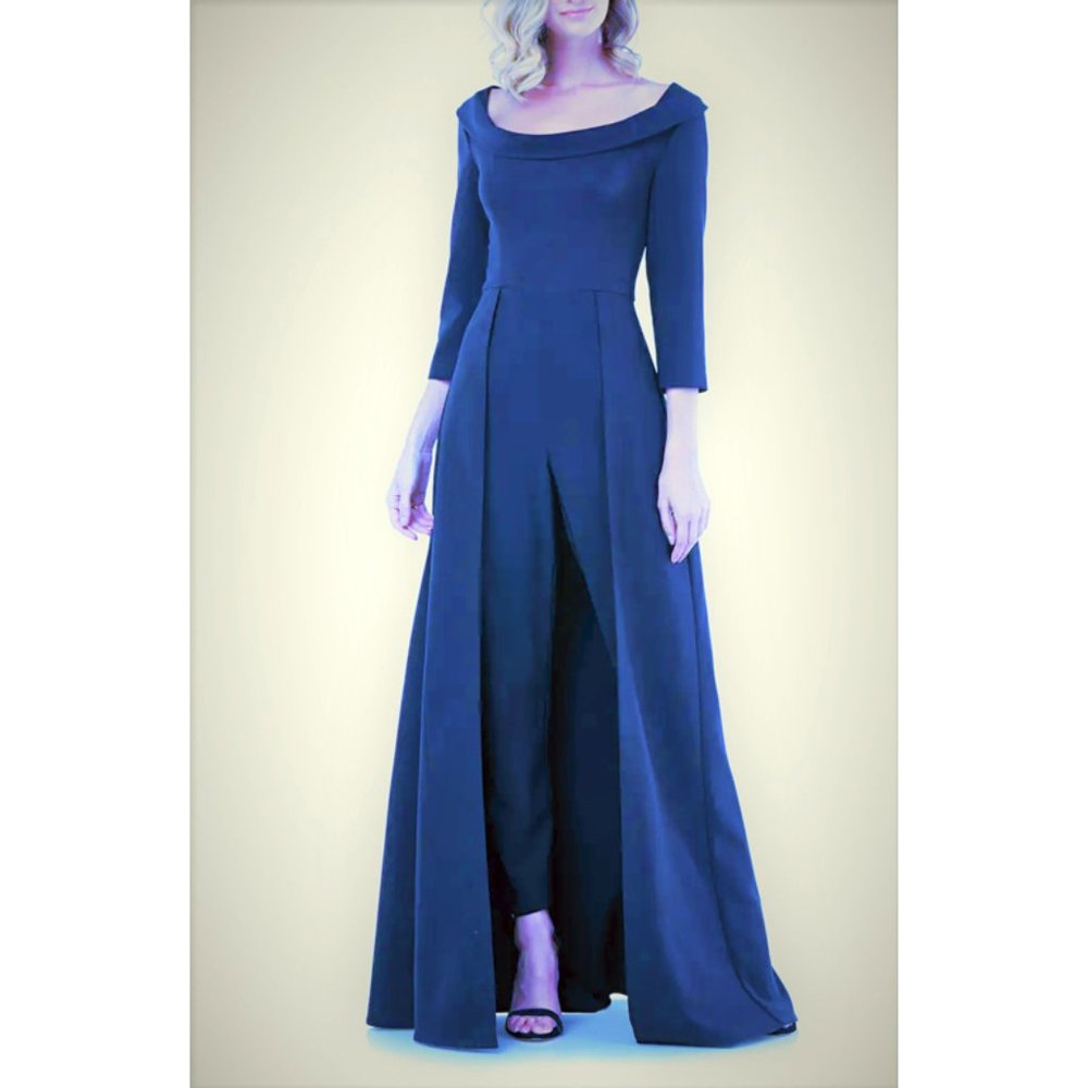 Kay Unger Sienna Jumpsuit Boat Scoop Cowl Neck Walk Thru Gown Cape Maxi Dress